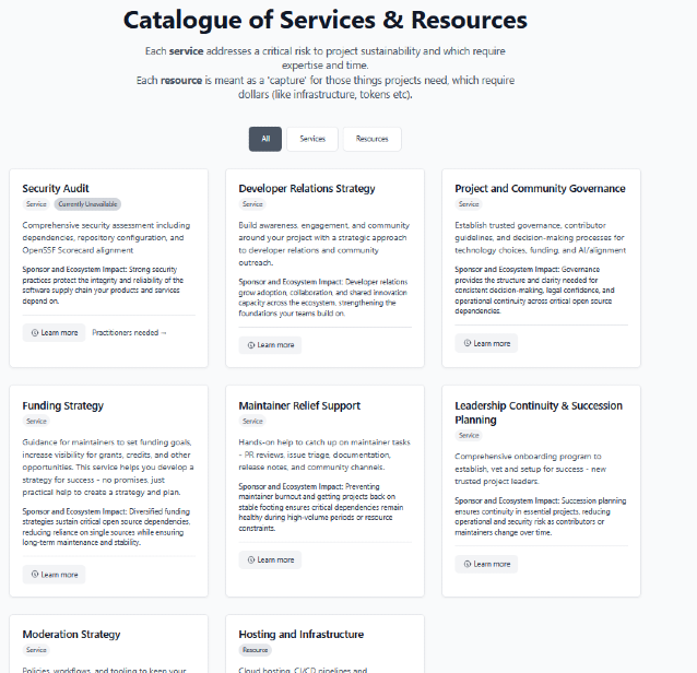 Screen capture of Resources and Services: Catalogue of Services & Resources Each service addresses a critical risk to project sustainability and which require expertise and time. Each resource is meant as a 'capture' for those things projects need, which require dollars (like infrastructure, tokens etc). Security Audit Service Currently Unavailable Comprehensive security assessment including dependencies, repository configuration, and OpenSSF Scorecard alignment Sponsor and Ecosystem Impact: Strong security practices protect the integrity and reliability of the software supply chain your products and services depend on. Learn more Practitioners needed → Developer Relations Strategy Service Build awareness, engagement, and community around your project with a strategic approach to developer relations and community outreach. Sponsor and Ecosystem Impact: Developer relations grow adoption, collaboration, and shared innovation capacity across the ecosystem, strengthening the foundations your teams build on. Learn more Project and Community Governance Service Establish trusted governance, contributor guidelines, and decision-making processes for technology choices, funding, and AI/alignment Sponsor and Ecosystem Impact: Governance provides the structure and clarity needed for consistent decision-making, legal confidence, and operational continuity across critical open source dependencies. Learn more Funding Strategy Service Guidance for maintainers to set funding goals, increase visibility for grants, credits, and other opportunities. This service helps you develop a strategy for success - no promises, just practical help to create a strategy and plan. Sponsor and Ecosystem Impact: Diversified funding strategies sustain critical open source dependencies, reducing reliance on single sources while ensuring long-term maintenance and stability. Learn more Maintainer Relief Support Service Hands-on help to catch up on maintainer tasks - PR reviews, issue triage, documentation, release notes, and community channels. Sponsor and Ecosystem Impact: Preventing maintainer burnout and getting projects back on stable footing ensures critical dependencies remain healthy during high-volume periods or resource constraints. Learn more Leadership Continuity & Succession Planning Service Comprehensive onboarding program to establish, vet and setup for success - new trusted project leaders. Sponsor and Ecosystem Impact: Succession planning ensures continuity in essential projects, reducing operational and security risk as contributors or maintainers change over time. Learn more Moderation Strategy Service Policies, workflows, and tooling to keep your community healthy, inclusive, and safe—clear guidance for moderators, predictable enforcement, and reduced maintainer load. Sponsor and Ecosystem Impact: Effective moderation minimizes disruption and keeps collaboration productive, helping projects remain focused and dependable under growth or stress. Learn more Hosting and Infrastructure Resource Cloud hosting, CI/CD pipelines and infrastructure resources for open source projects to ensure reliable deployment and operations. Learn more Ready to get help for your project? Create a wishlist with the services you need and share it with your community Create Your Wishlist