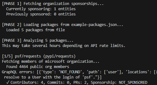  [PHASE 1] Fetching organization sponsorships...   Currently sponsoring: 1 entities   Previously sponsored: 0 entities  [PHASE 2] Loading packages from example-packages.json...   Loaded 5 packages from file  [PHASE 3] Analyzing 5 packages... This may take several hours depending on API rate limits.  [1/5] psf/requests (pypi/requests) Fetching members of microsoft organization...   Found 4464 public org members GraphQL errors: [{'type': 'NOT_FOUND', 'path': ['user'], 'locations': [{'line': 3, 'column': 11}], 'message': "Could not resolve to a User with the login of 'psf'."}]   ✓ Contributors: 4, Commits: 0, PRs: 2, Sponsorship: NOT_SPONSORED [2/5] curl/curl (other/curl)
